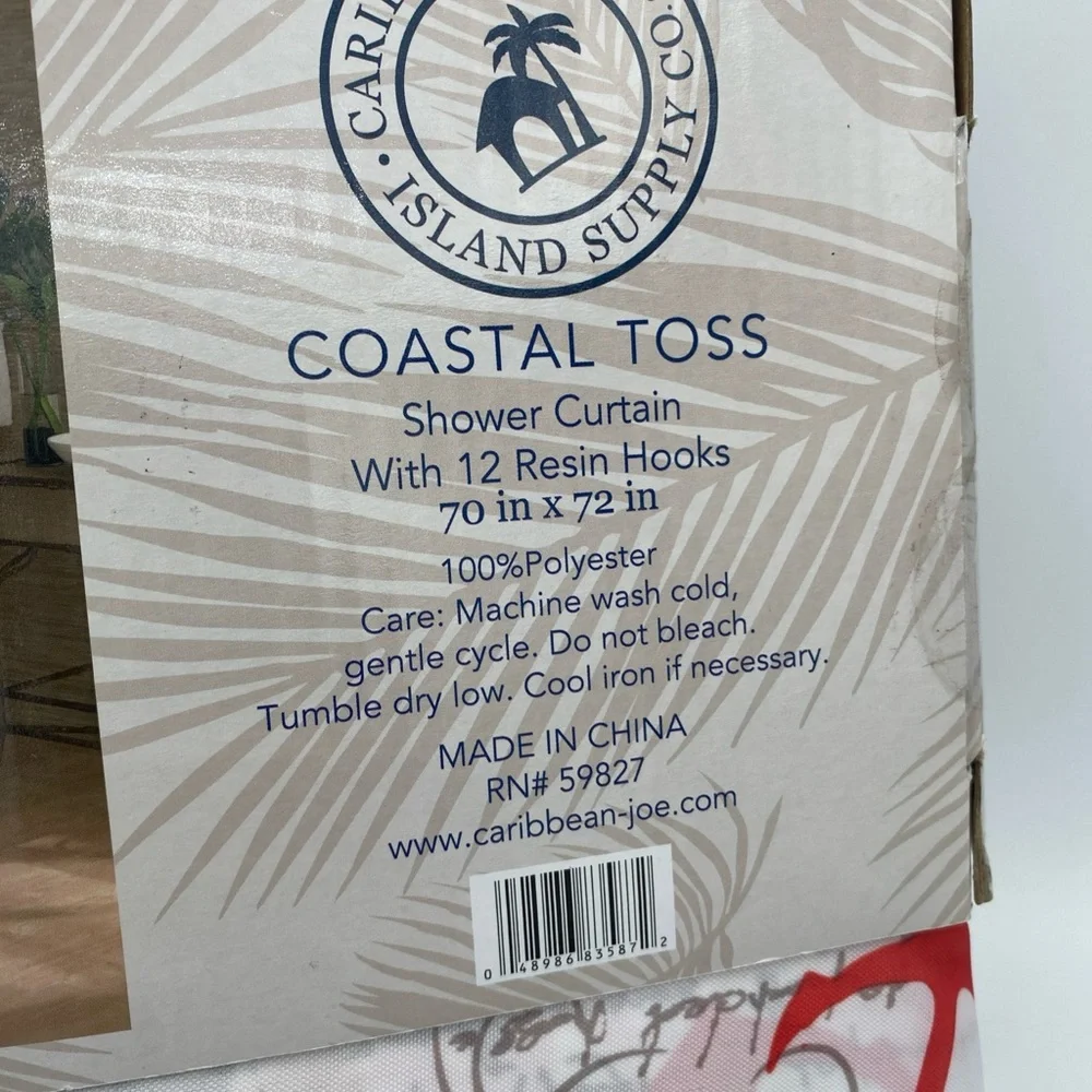 Caribbean Joe Coastal sea Shells Starfish Fabric Shower Curtain & Hooks 70x72”